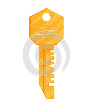 Golden key icon isolated on white background. Shiny yellow key illustration, secure access concept, safety and security