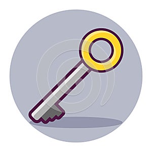 Golden key icon with shadow, vector illustration