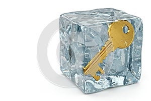 The golden key inside the ice cube. Space for text.