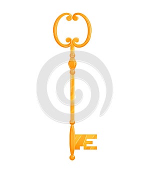 Golden key with intricate design standing upright. Magical fancy key with vintage look. Fantasy and wonder vector