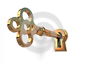 Golden key in keyhole