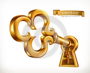 Golden key in keyhole, vector icon