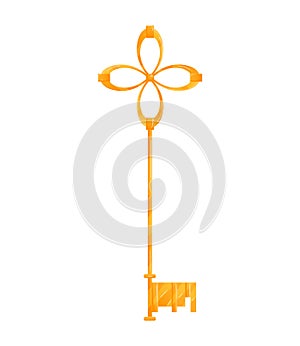 Golden key with a loop design on top, fancy vintage key side view isolated. Elegant key for fantasy stories or ancient