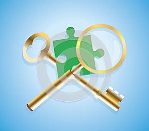 Golden key and magnifying glass, together with green puzzle, jigsaw piece. Vector illustration.