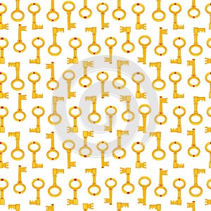 Golden key, medieval antique seamless pattern in cartoon style. Decorative fantasy, vintage ornament.