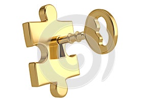 Golden key and puzzle pieces on white background.3D illustration