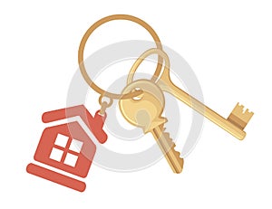 Golden key on ring with keychain house keys flat vector illustration on white background