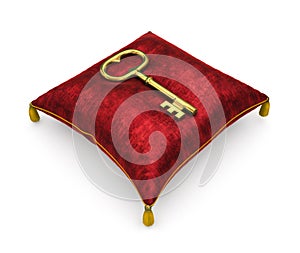 Golden key on royal red velvet pillow isolated on white background 2