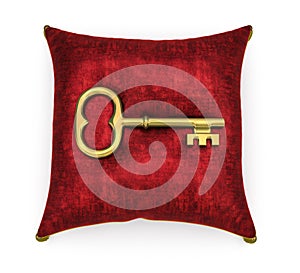 Golden key on royal red velvet pillow isolated on white background 3