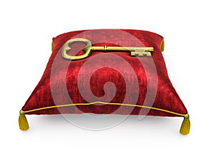 Golden key on royal red velvet pillow isolated on white background 4