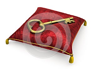 Golden key on royal red velvet pillow isolated on white background 5