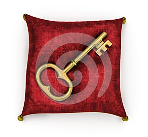 Golden key on royal red velvet pillow isolated on white background 6
