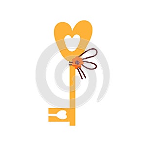 Golden key in the shape of a heart from a closed lock or door. Symbol of love padlock for 14 february, Valentines day