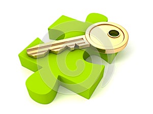 Golden key of success on green puzzle piece