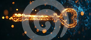 Golden Key Unlocking Digital Opportunities, Surrounded by Data Streams and Binary Code.
