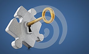 Golden key unlocking metallic puzzle piece. 3D illustration