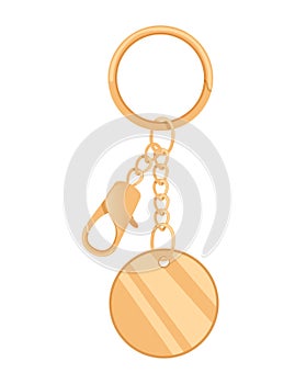 Golden keychain with ring and chain vector illustration isolated on white background