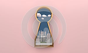 The golden keyhole window overlooks the future city on pastel pink walls. Concepts of the future city and business. Isolated on pa