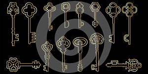 Golden keys set on black background. Decorative elegant luxury design. Vector illustration. Stock image