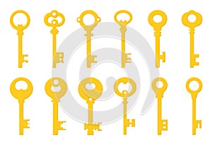 Golden keys set isolated on white background. Cartoon style. Vector illustration for any design.