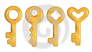 Golden keys on white background. 3d realistic vector collection of golden keys.