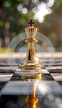 Golden king chess piece on board, symbolizing business leadership and success in strategic games