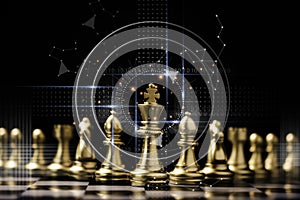 Golden king chess stand in front of others chess pieces. Leadership business teamwork and marketing strategy planing concept