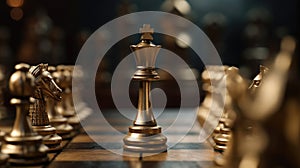 Golden King chess standing in front of other chess, Concept of a leader and challenge in the competition. Generative AI.