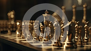 Golden King chess standing in front of other chess, Concept of a leader and challenge in the competition. Generative AI.