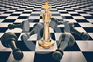 Golden King and many fallen pawns - chess leadership concept