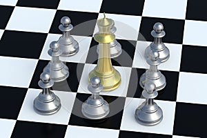 Golden king and silver pawns on chess board
