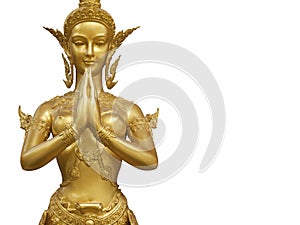 Golden Kinnari statue demonstrating Sawaddee