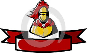 Golden knight with red plume over red ribbon