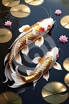 Golden koi fish with shimmering golden scales, reflection beautifully mirrored, symbol of wealth, prosperity, abundance, wallart