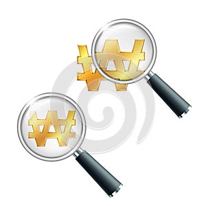 Golden korean won currency sign with magnifying glass.