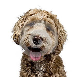 Golden labradoodle on white background