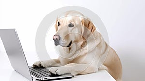 Golden Labrador Dog working on laptop computer