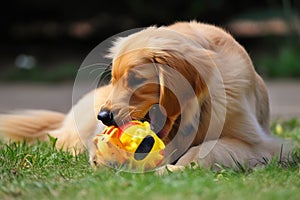 A golden Labrador Retriever dog playing with his toy outdoors. Created with Generative AI