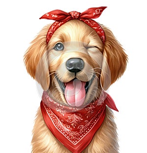 Golden Labrador Retriever in a red bandana, headband blinks his eye, Close-up portrait. Watercolor