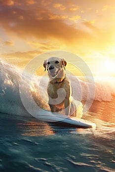 Golden labrador retriever surfer on a surfboard, having fun on the sea waves