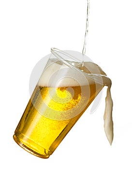 Golden lager or beer in disposable plastic cup