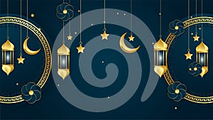 golden lantern arabic dark blue Islamic design background. Universal ramadan kareem banner background with lantern, moon, islamic