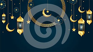 golden lantern arabic dark blue Islamic design background. Universal ramadan kareem banner background with lantern, moon, islamic