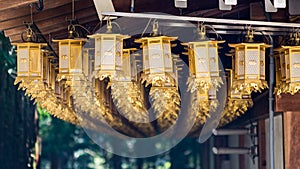 Golden lanterns at the Buddhist temple at Koyasan Mount Koya in Wakayama, Japan