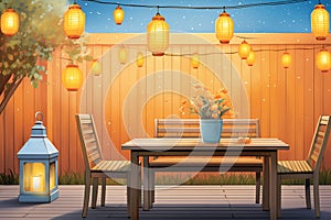 golden lanterns glowing warmly on a patio table