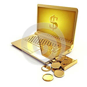 Golden laptop with a dollar sign on the screen and money falling out of the disc drive