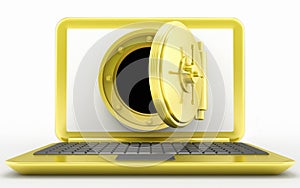 Golden laptop and vault door