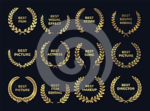 Golden laurel or palm wreath. Leaf shapes winner prize, cinema awards. Films, directing, music nominate at tradition photo