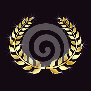 Golden Laurel wreath with glitter, specks of light on an isolated black background. Symbol of victory, triumph. Vector element.