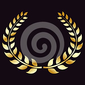 Golden Laurel wreath, isolated on black background. Symbol of victory, triumph. Vector element for your design.